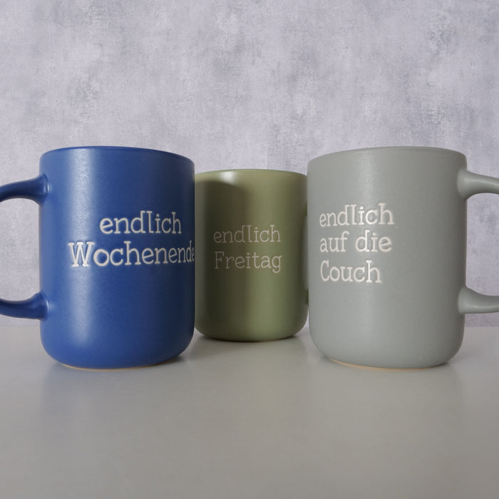 3´er Set Jumbo Kaffeebecher 420ml Spruch "Wochenende" XXL Henkelbecher Kaffeetasse