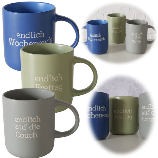 3´er Set Jumbo Kaffeebecher 420ml Spruch "Wochenende" XXL Henkelbecher Kaffeetasse