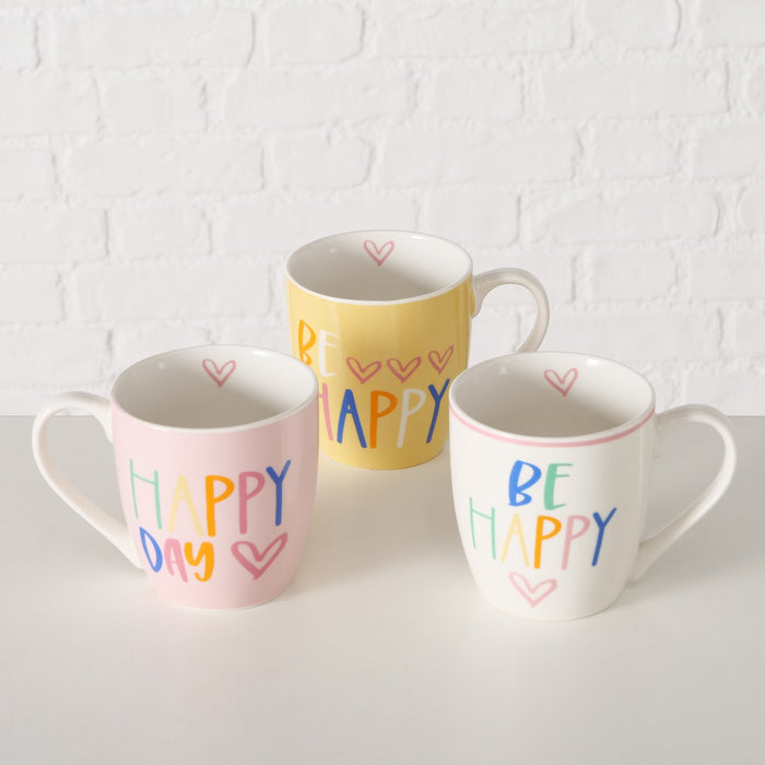 3x Jumbo Kaffeebecher 400ml Set Spruch "BE Happy" XL Henkelbecher Kaffeetasse