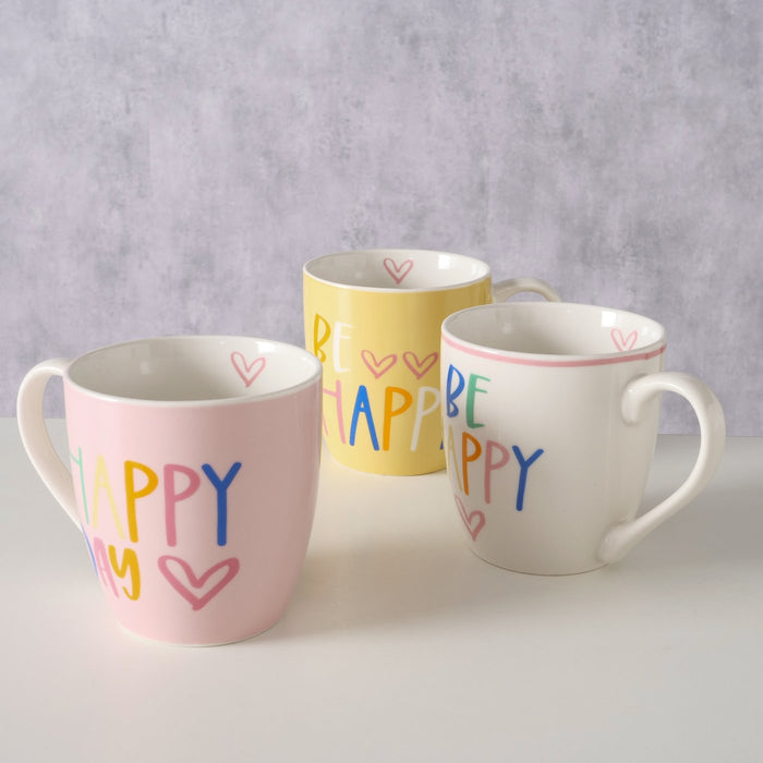 3´er Set Jumbo Kaffeebecher 400ml Spruch "BE Happy" XL Henkelbecher Kaffeetasse