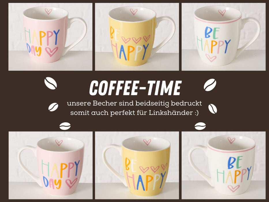 3x Jumbo Kaffeebecher 400ml Set Spruch "BE Happy" XL Henkelbecher Kaffeetasse