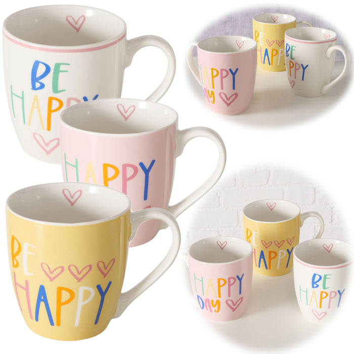 3´er Set Jumbo Kaffeebecher 400ml Spruch "BE Happy" XL Henkelbecher Kaffeetasse