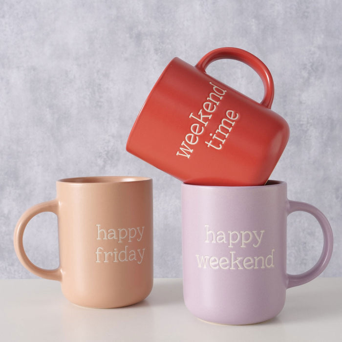 3´er Set Jumbo Kaffeebecher 420ml Spruch "Weekend" XXL Henkelbecher Kaffeetasse