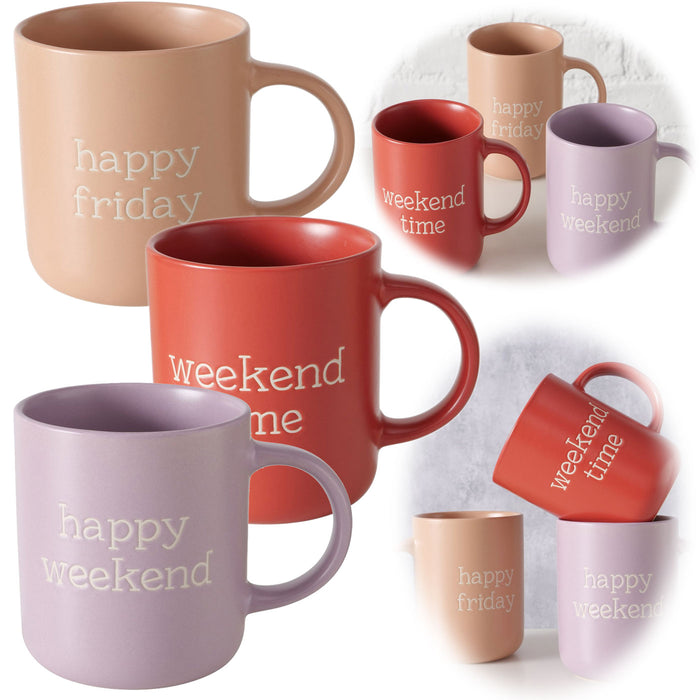 3´er Set Jumbo Kaffeebecher 420ml Spruch "Weekend" XXL Henkelbecher Kaffeetasse