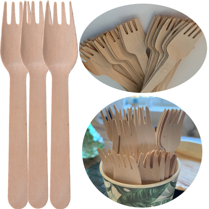 20x Bio Holz Gabel 16cm Birke Besteck Einweg Party-Geschirr Nachhaltig