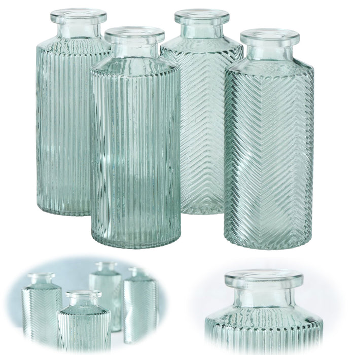 4x Retro Glas Vase 14cm Salbei Grün Set Blumenvase Deko Tischvase Väschen