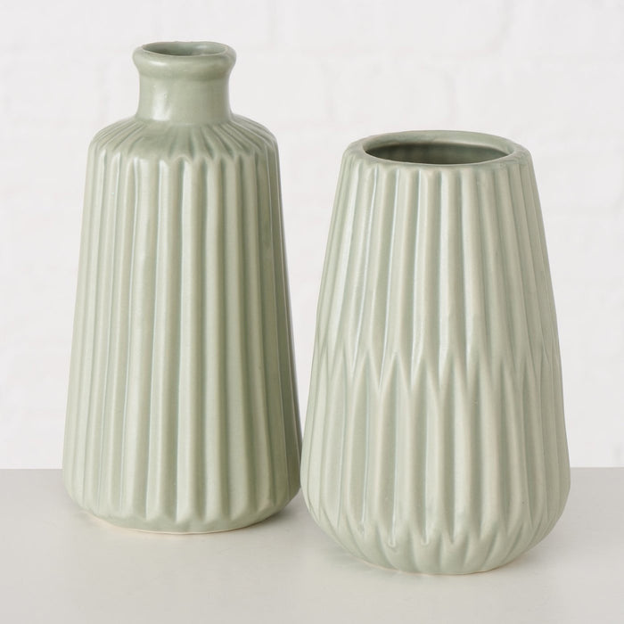 Nordic Blumen-Vase Oslo 2´er Set Creme Grün Keramik Tisch-Vase Pampasgras