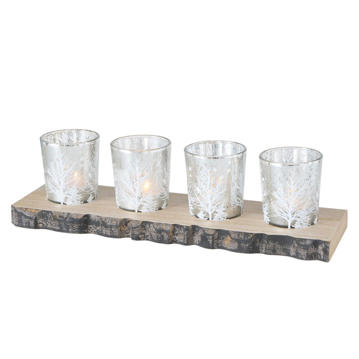 Holz Teelichthalter-Set 30cm 4 Teelicht-Gläser winterliche Gravur Kerzentablett