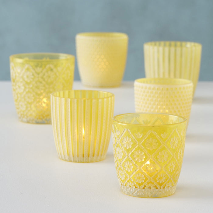 6x Glas Teelichthalter Retro Gelb 7-9cm Set Windlicht-Halter Kerzenständer