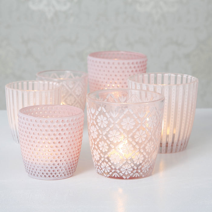 6x Glas Teelichthalter Retro Rosa 7-9cm Set Windlicht-Halter Kerzenständer