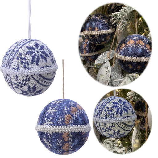 2 Design XL Weihnachtskugeln 8cm Blau Weiß Stoff Kunststoff Baumkugel Deko