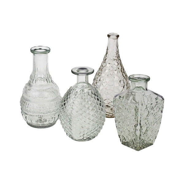 4x Retro Glas-Vase 15-20cm Klar Set Deko Tisch-Vase Blumenvase Väschen