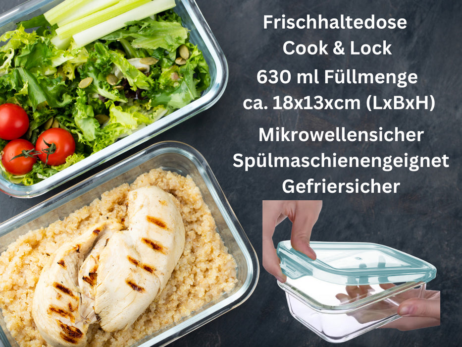 Glas Frischhaltedose Cook & Lock 630ml mit Deckel Lebensmittel Mikrowelle Gefrierbox