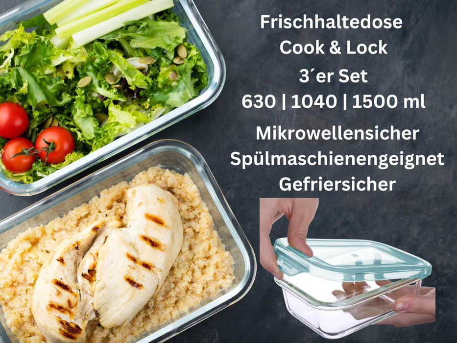 Glas Frischhaltedose Cook & Lock 3´er Set mit Deckel Lebensmittel Mikrowelle Gefrierbox