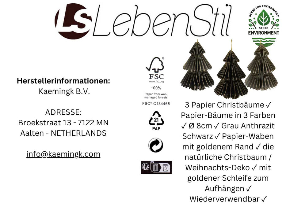 3x Papier Tannenbaum Grau Anthrazit Schwarz 8cm Deko-Hänger Weihnachten