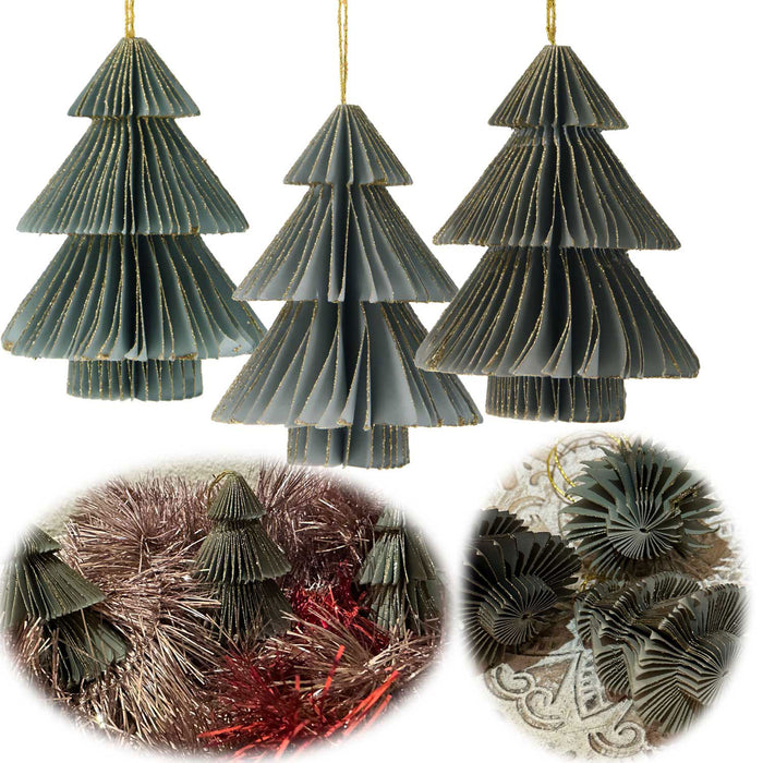 3x Papier Tannenbaum Petrol Grün Grau 8cm FSC Deko-Hänger Weihnachten