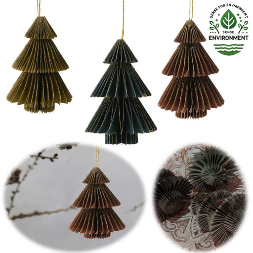 3x Papier Tannenbaum Petrol Grün Braun 8cm Deko-Hänger Weihnachten