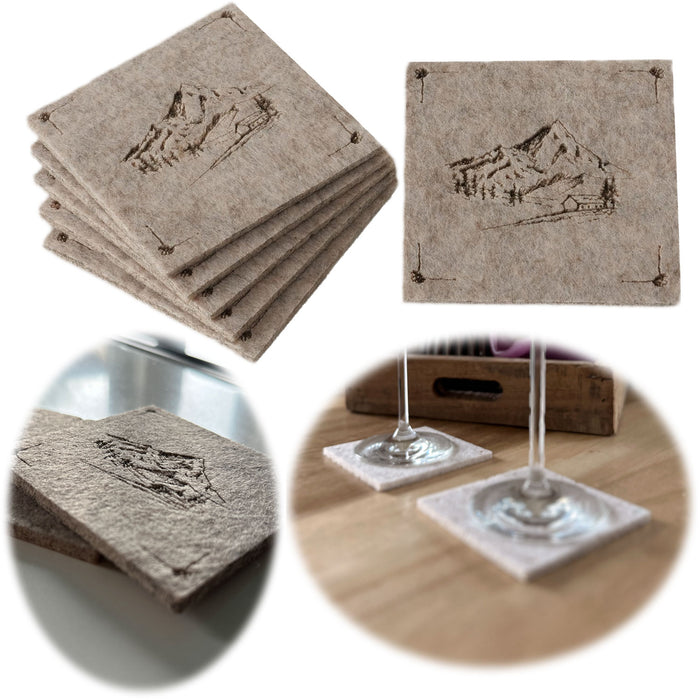 6x Filz Glasuntersetzer 10cm Berge Beige Braun Eckig Glas Getränke Tassen Tisch-Deko