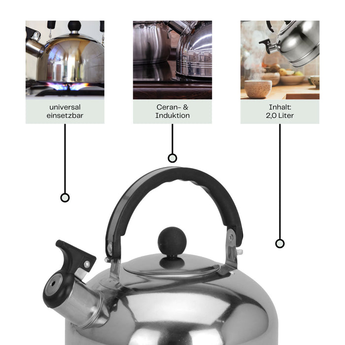 Edelstahl Flötenkessel 2,0L Camping Wasserkessel Pfeifkessel Teekessel
