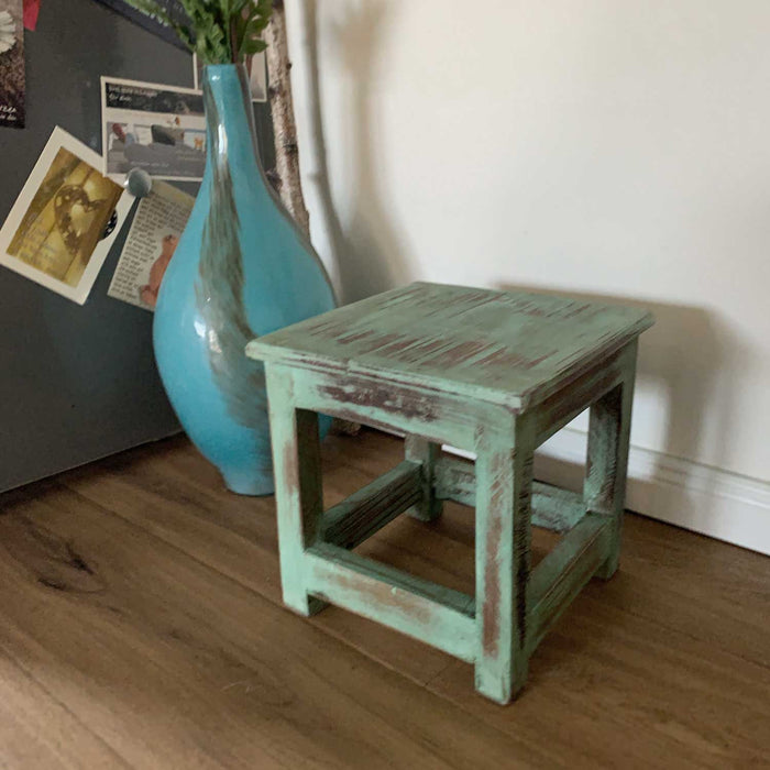 Vintage Holz Fußhocker Tritthocker Türkis 26cm Fundholz Schemel Fußbank Bänkchen