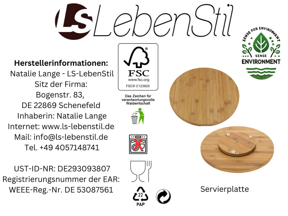 XL Holz Servierplatte Drehteller 35cm Bambus drehbar Drehtablett Drehplatte