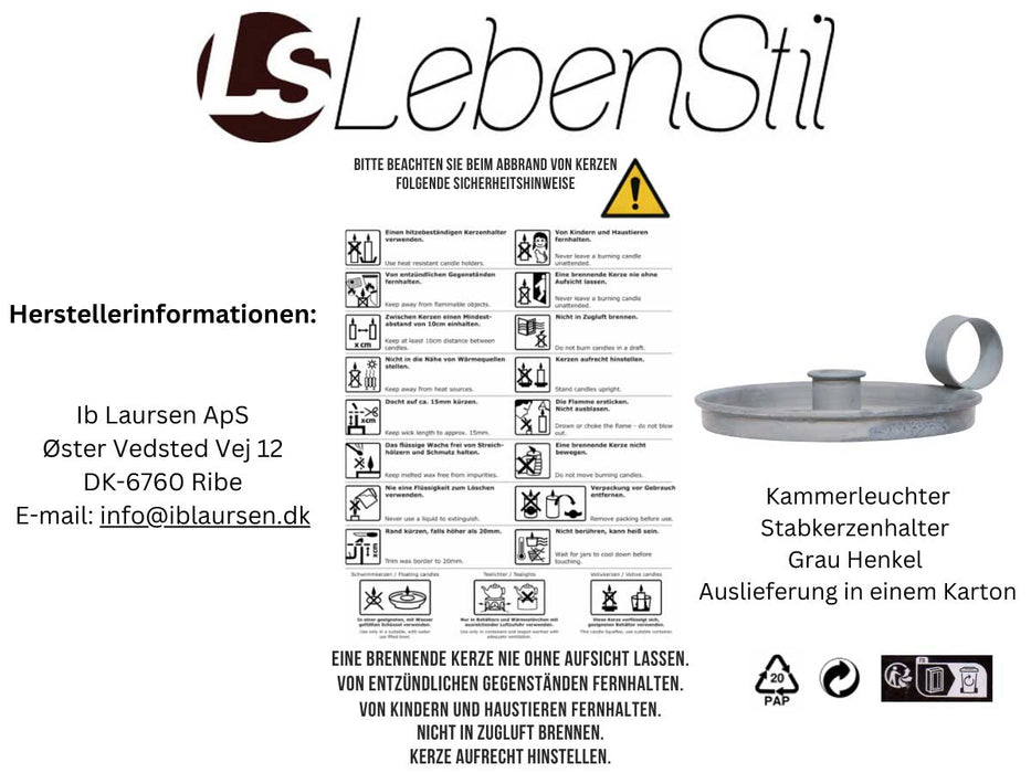 IB Laursen Kammerleuchter Grau Henkel 13cm Rund Stabkerzenhalter Kerzenständer