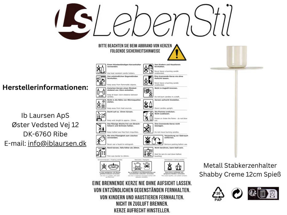 IB Laursen Metall Stabkerzenhalter Pastell Creme 12cm Kerzenständer Vasen Flaschen Aufsatz