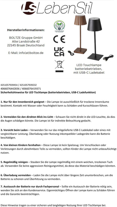 LED Touch Tischlampe Schwarz 35cm kabellos Tischleuchte Dimmer Terrassenleuchte