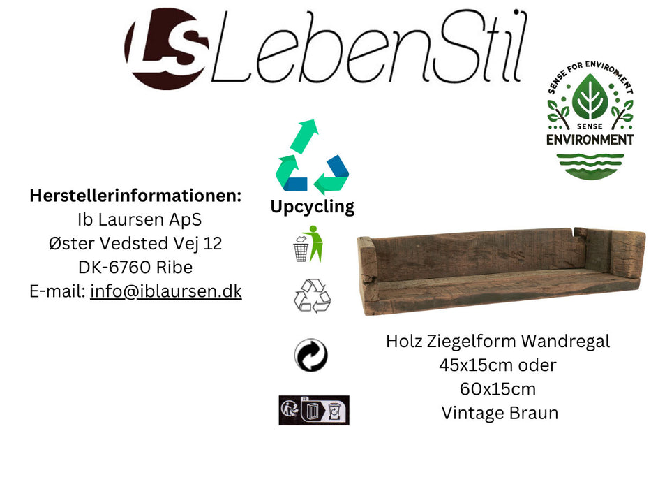 IB Laursen Holz Ziegelform Wandregal 45cm Braun Küchenregal Bücherregal Wandboard