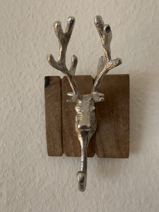 2 Garderobenhaken Holz Alu Hirsch-Kopf Braun Set Wandhaken Wand-Garderobe