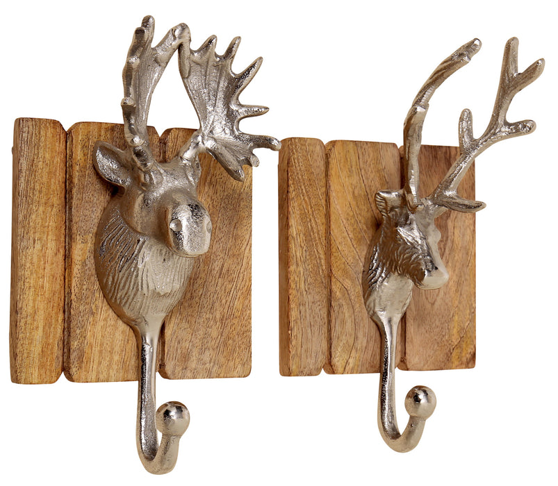 2 Garderobenhaken Holz Alu Hirsch-Kopf Braun Set Wandhaken Wand-Garderobe