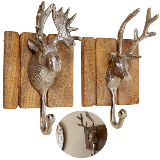 2 Garderobenhaken Holz Alu Hirsch-Kopf Braun Set Wandhaken Wand-Garderobe