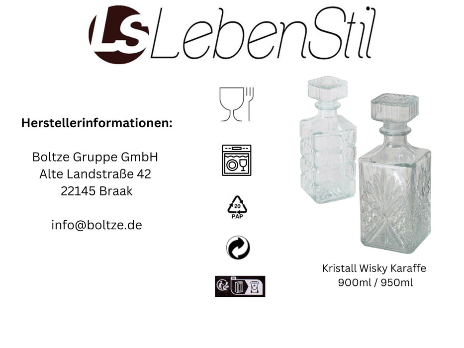 Glaskaraffe Kristall Whisky Karaffe 900ml Dekanter für Whiskey Cognac Rum Gin