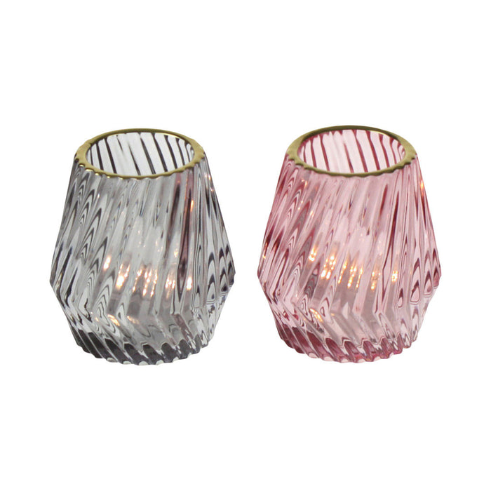 2x Glas Teelichthalter 9cm Relief Rosa Grau Gold Teelichtglas Windlicht-Halter