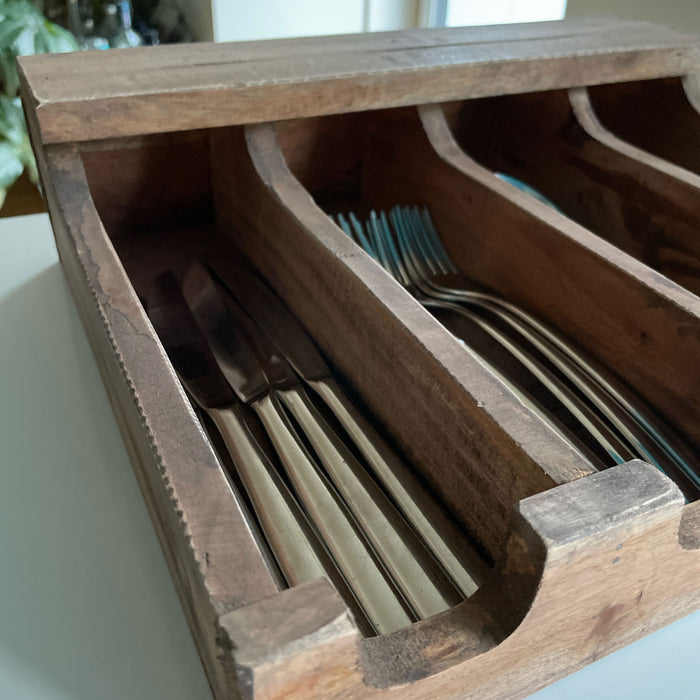 Vintage Teak Holz Grimaud Cutlery 36cm 4 Fächer Besteckkasten Besteckkorb