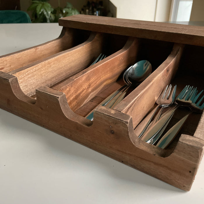 Vintage Teak Holz Grimaud Cutlery 36cm 4 Fächer Besteckkasten Besteckkorb