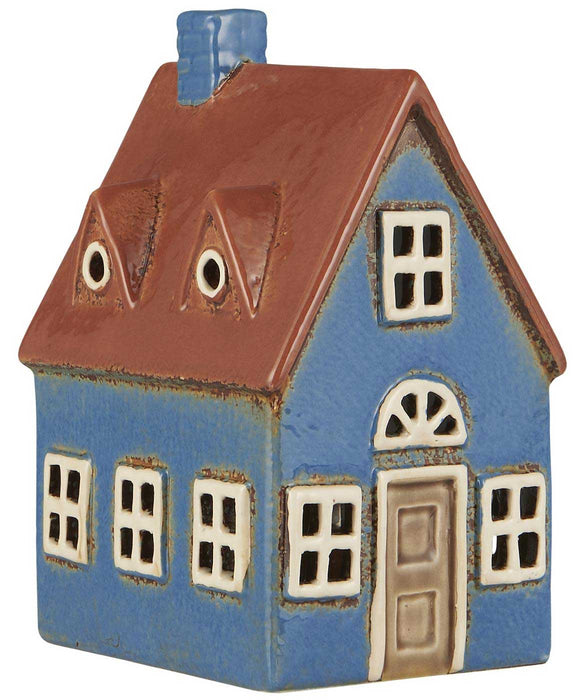 Teelichthaus Lichterhaus Nyhavn 16cm Blau Braun Keramik Fachwerkhaus Teelichthalter