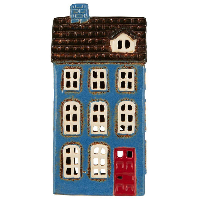 Teelichthaus Lichterhaus Nyhavn 20cm Blau Braun Keramik Fachwerkhaus Teelichthalter