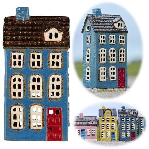 Teelichthaus Lichterhaus Nyhavn 20cm Blau Braun Keramik Fachwerkhaus Teelichthalter