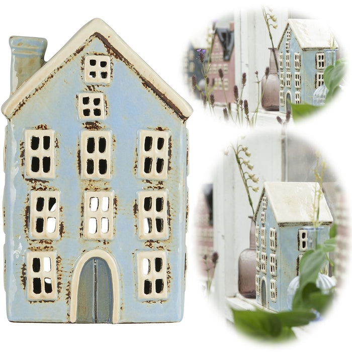 Teelichthaus Lichterhaus Nyhavn 17cm Blau Keramik Fachwerkhaus Teelichthalter