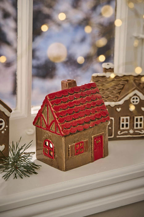 Teelichthaus Lichterhaus Nyhavn 14cm Braun Rot Keramik Fachwerkhaus Teelichthalter