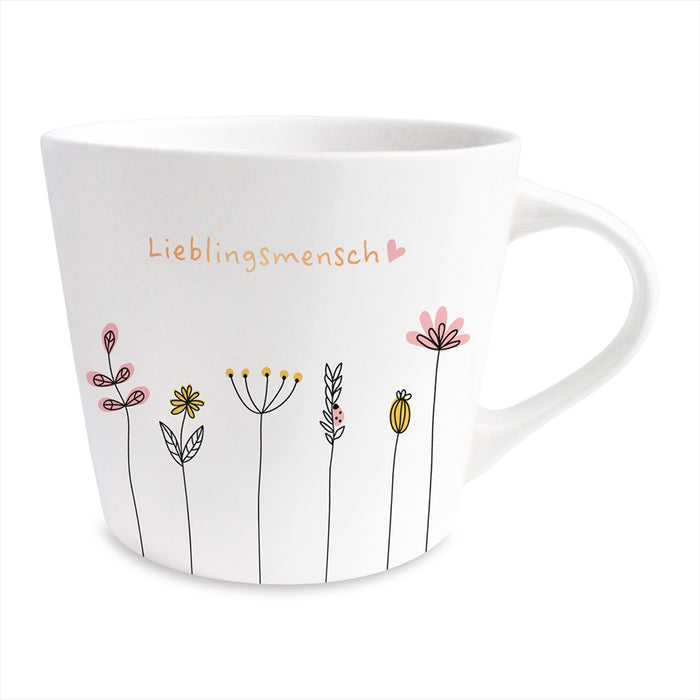 Kaffeebecher 420ml Echt-Gold Spruch "Lieblingsmensch" Weiß Blumen Kaffeetasse