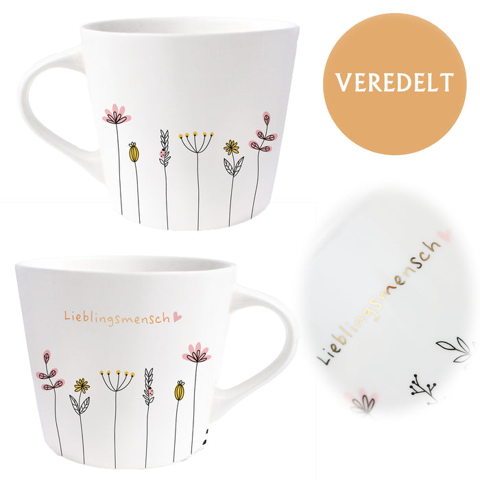 Kaffeebecher 420ml Echt-Gold Spruch "Lieblingsmensch" Weiß Blumen Kaffeetasse