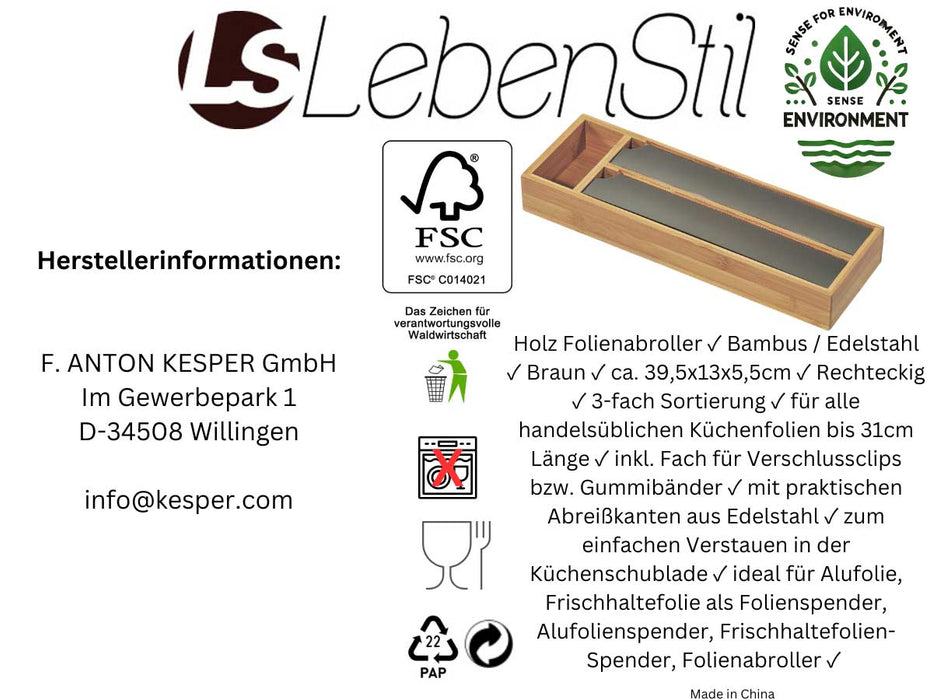 3-fach Holz Folienspender Bambus Schubladen Alufolienspender Folienschneider