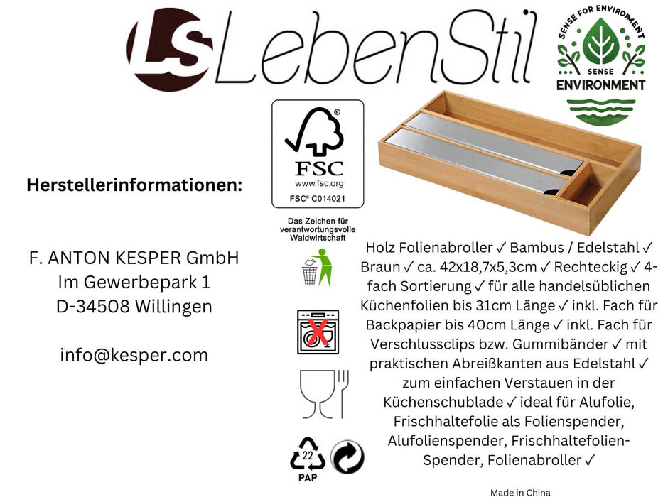 4-fach Holz Folienspender Bambus Schubladen Alufolienspender Folienschneider