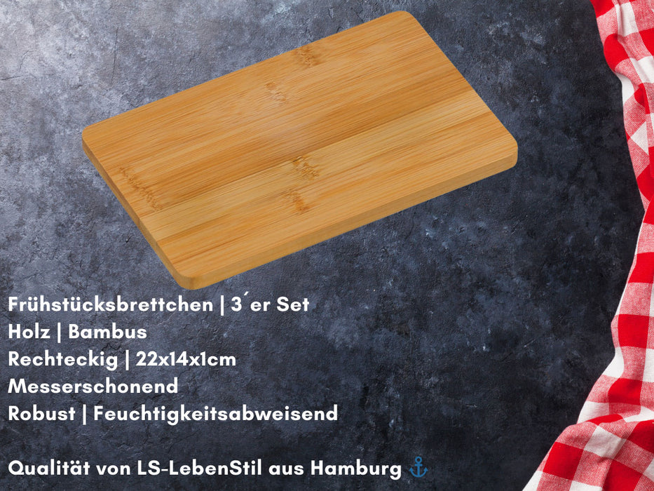 3x Holz Frühstücksbrett Essbrettchen 22x14cm Set Bambus Küchenbrett Holzbrett