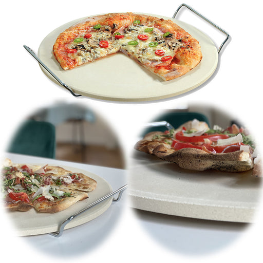 XL Pizzastein Cordierit 33cm Rund Keramik 500 Grad Tragegriffe Brot-Backstein