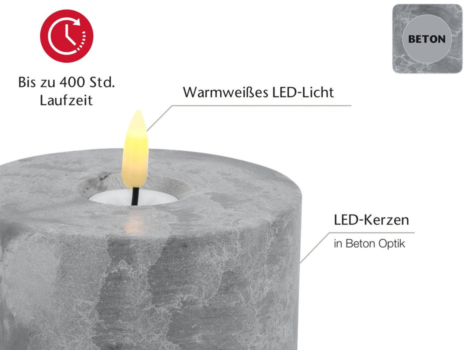 LED 3D XXL Teelicht Grau 5x10cm Beton-Optik flackernde flammenlose Kerze