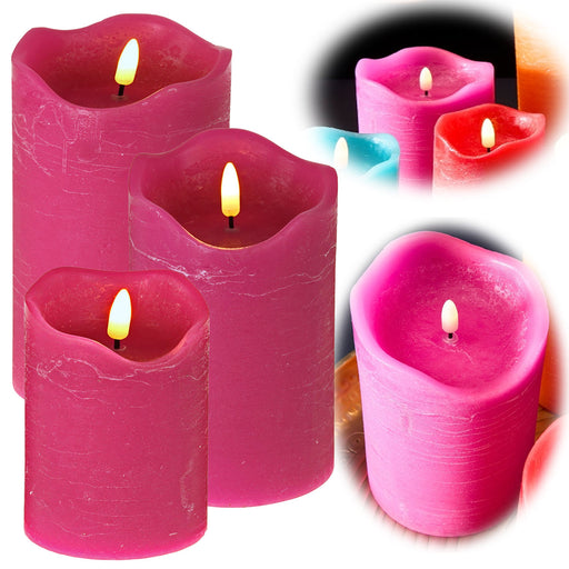 LED 3D Stumpenkerze Pink 3´er Set Timer Echtwachs flackernde flammenlose Kerze