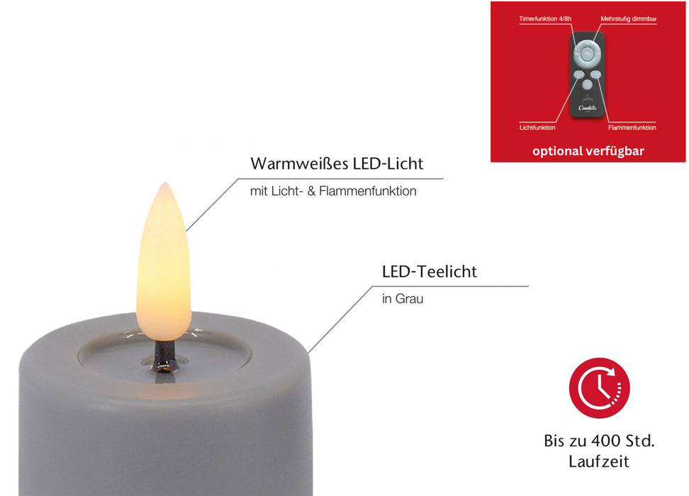 2x XL LED 3D Teelichter Ribe Grau 6,8x3cm Echtwachs-Spiegel flackernde flammenlose Kerze